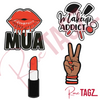 Vibrant makeup artist-inspired patches featuring red lipstick tube and makeup brushes to showcase beauty and artistry.