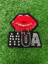 Custom MUA patch with old red lipstick graphic and gems.