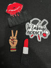 Vibrant makeup artist-inspired patches featuring red lipstick tube and makeup brushes to showcase beauty and artistry.