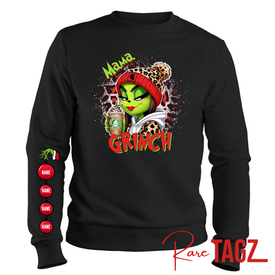 Customizable sweatshirt featuring a playful 'Mama Grinch' design. The sweatshirt can be personalized with the names of kids, making it a unique and festive piece. Perfect for moms looking to celebrate the holiday season with a touch of fun and personalization.