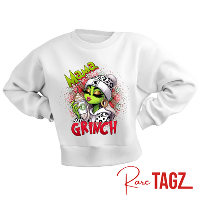 Customizable sweatshirt featuring a playful 'Mama Grinch' design. The sweatshirt can be personalized with the names of kids, making it a unique and festive piece. Perfect for moms looking to celebrate the holiday season with a touch of fun and personalization.