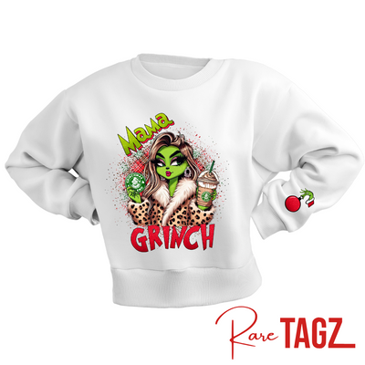 Customizable sweatshirt featuring a playful 'Mama Grinch' design. The sweatshirt can be personalized with the names of kids, making it a unique and festive piece. Perfect for moms looking to celebrate the holiday season with a touch of fun and personalization.