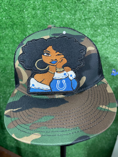 Stylish NFL Diva Iron-On Patch featuring a confident curly hair woman wearing the colors of the Colts sports team.