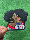 Stylish NFL Diva Iron-On Patches featuring a confident curly hair woman wearing the colors of the Houston Texans sports team.