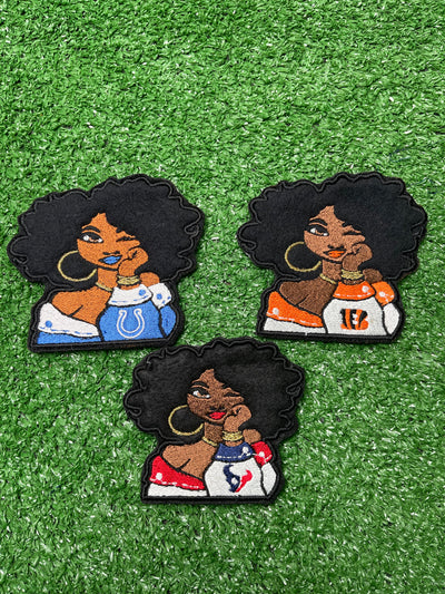 Stylish NFL Diva Iron-On Patches featuring a confident curly hair woman wearing the colors of their favorite sports team.