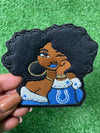 Stylish NFL Diva Iron-On Patches featuring a confident curly hair woman wearing the colors of the Indianapolis Colts sports team.