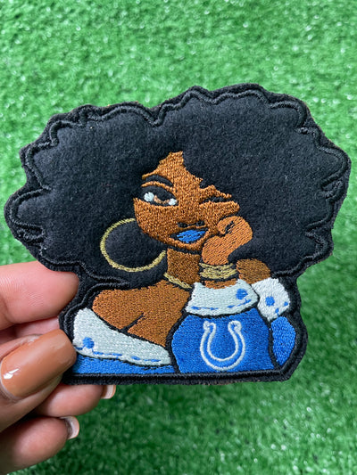 Stylish NFL Diva Iron-On Patches featuring a confident curly hair woman wearing the colors of the Indianapolis Colts sports team.