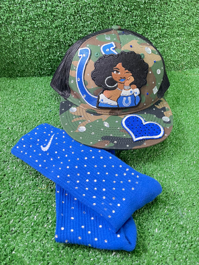 Blue Nike socks embellished with sparkling rhinestones, adding a touch of bling and style.  The socks feature a bold blue color with rhinestones carefully placed for a dazzling effect, perfect for elevating any sneaker look.