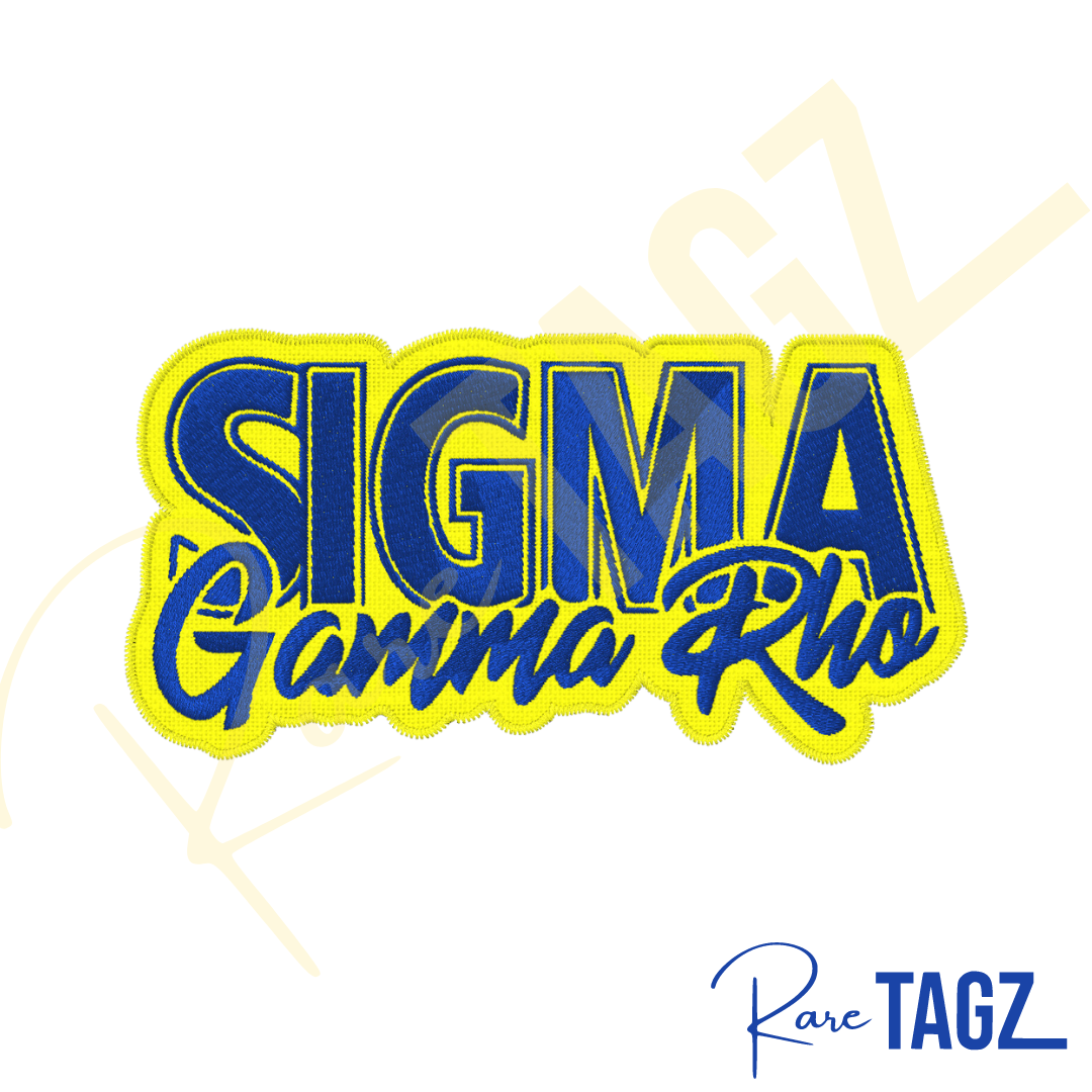 A patch featuring Sigma Gamma Rho with vibrant yellow filling the background and royal blue words.