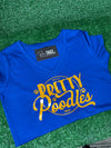 A vibrant blue shirt featuring a stylish 'Pretty Poodle' graphic. The text is elegantly displayed in shimmering gold/yellow font, creating a stunning contrast against the blue background. Sigma Gamma Rho Sorority