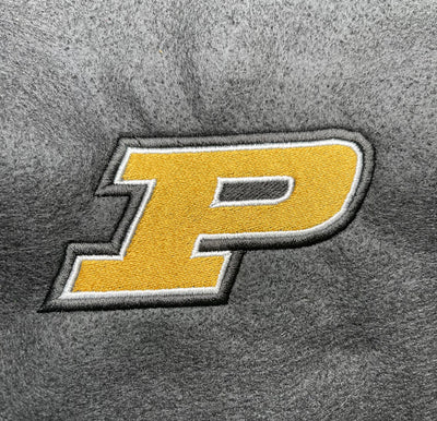 Purdue University embroidered iron-on patch featuring the iconic ‘P’ logo in black and gold, measuring approximately 4 inches in width.