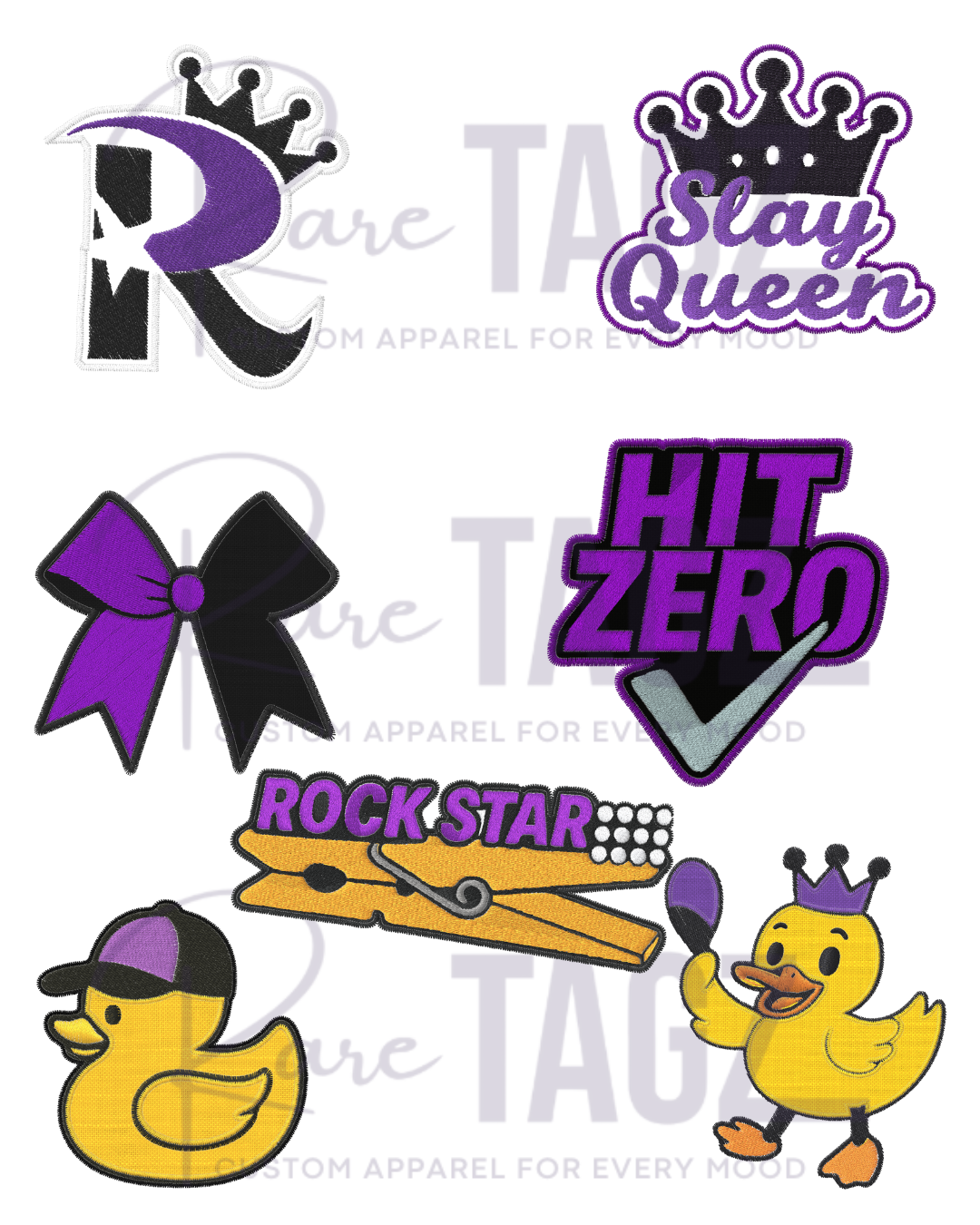 Collection of colorful graphics with text and symbols on a white background