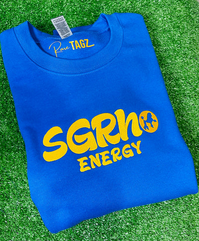 Embroidered hoodie and sweatshirt with ‘SGrho Energy’ text, representing Sigma Gamma Rho sorority pride. Cozy, stylish apparel for showing sorority spirit in blue and gold.