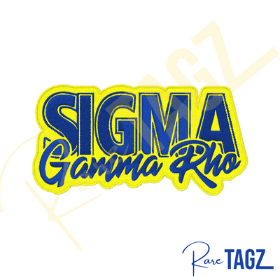 Custom embroidered Sigma Gamma Rho patches featuring the sorority's colors, designed for apparel and accessories.