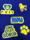 Custom embroidered Sigma Gamma Rho patches featuring the sorority's colors, designed for apparel and accessories.