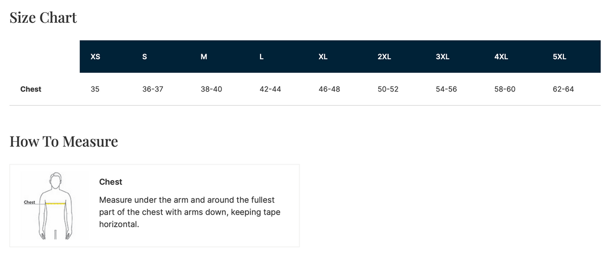 A size chart and measurement guide for apparel. The top section shows a size table with columns for XS, S, M, L, XL, 2XL, 3XL, 4XL, and 5XL, plus chest measurements ranging from 35 to 62-64.