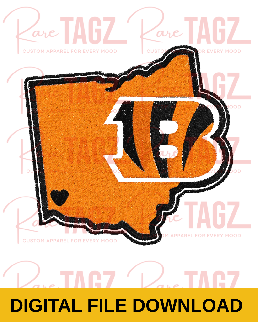 orange and black Ohio shaped embroidered football patch with striped B deisgn and small heart