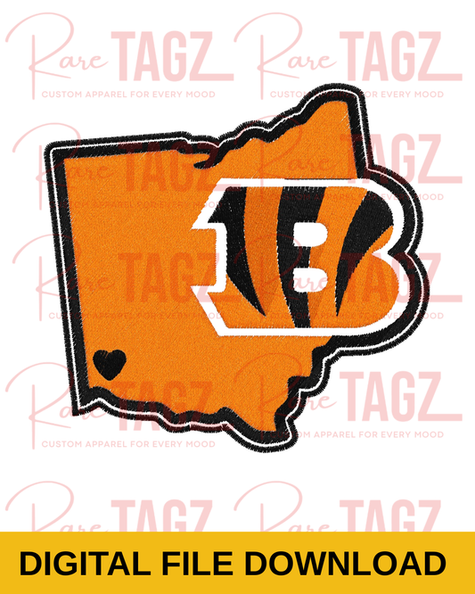 orange and black Ohio shaped embroidered football patch with striped B deisgn and small heart