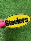 Embroidered Pittsburgh Steelers iron-on patch with the words Steelers in bold black letters on a yellow background. The stitching is clean and precise, ideal for adding a touch of team spirit to your clothing or accessories.