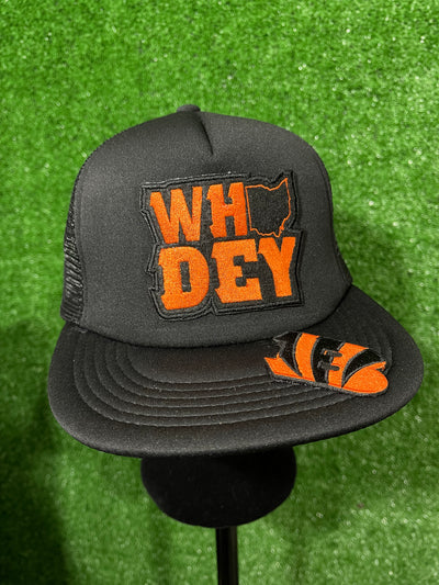 Custom Bengals Trucker hat with embroidered team patches, featuring a mesh back and adjustable snap closure.