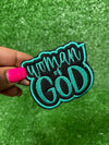 Embroidered Woman of God patch with elegant teal script on a black background.