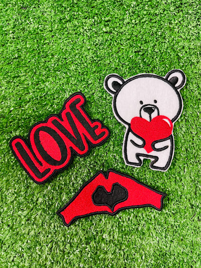 Beautifully embroidered heart hands patch, Love patch and a white bear holding a heart patch, perfect for adding a touch of love to jackets, bags, hats, and more.