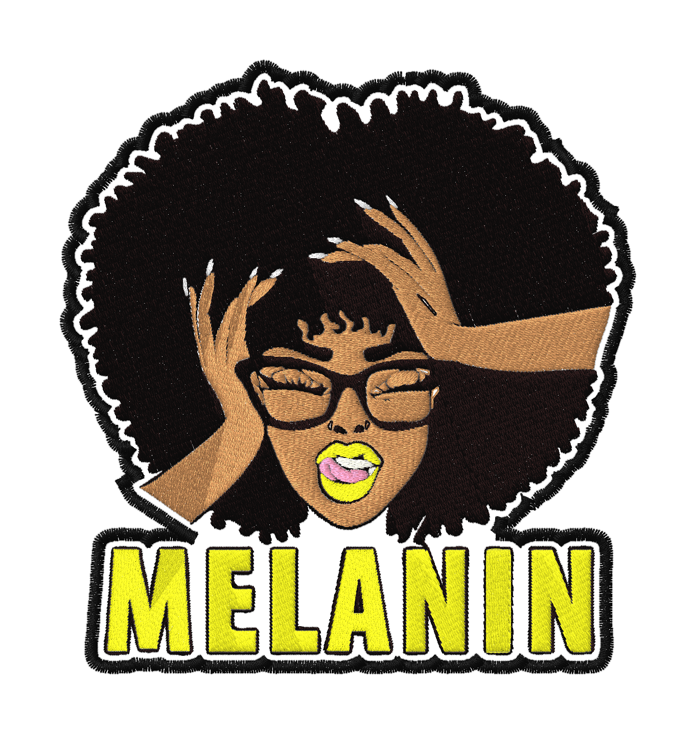 An embroidered patch featuring the word 'MELANIN' and a stylized illustration of a female figure with melonin-rich skin, wearing glasses, and posing with her hands raised.