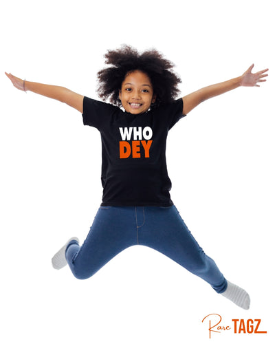 Black t-shirt featuring bold white and orange text that says "Who Dey" celebrating Cincinnati Bengals pride.