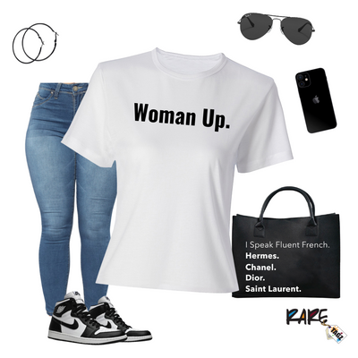 Woman Up T-Shirt. Each shirt features bold white or black lettering, emphasizing empowerment and confidence. Just in time for Women's History Month.